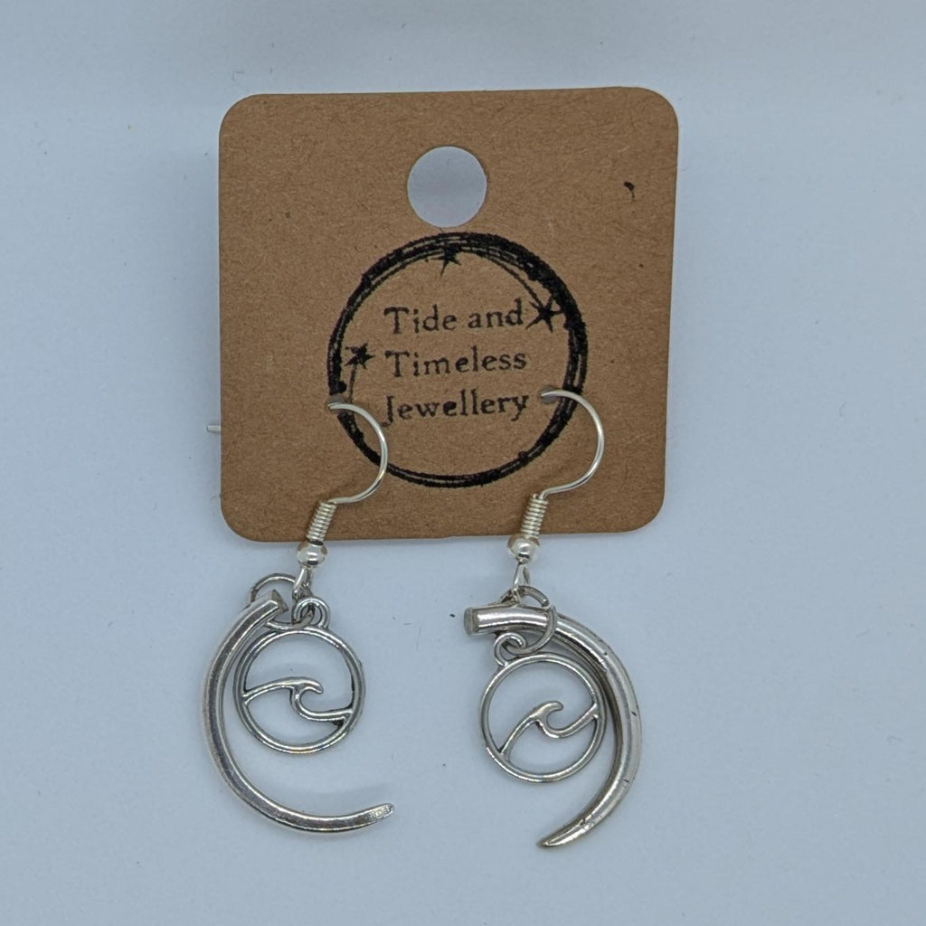Crescent Fork Tine Earrings With Wave Charm
