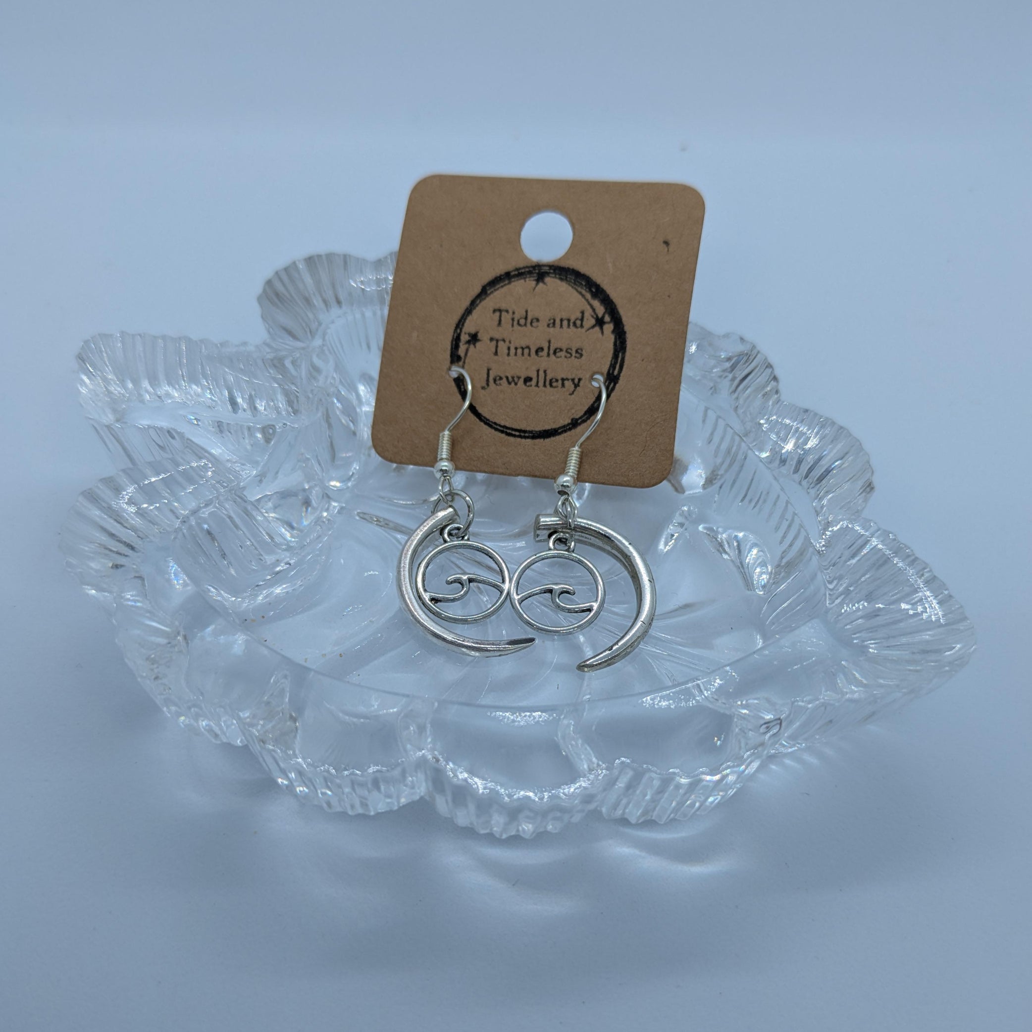 Crescent Fork Tine Earrings With Wave Charm