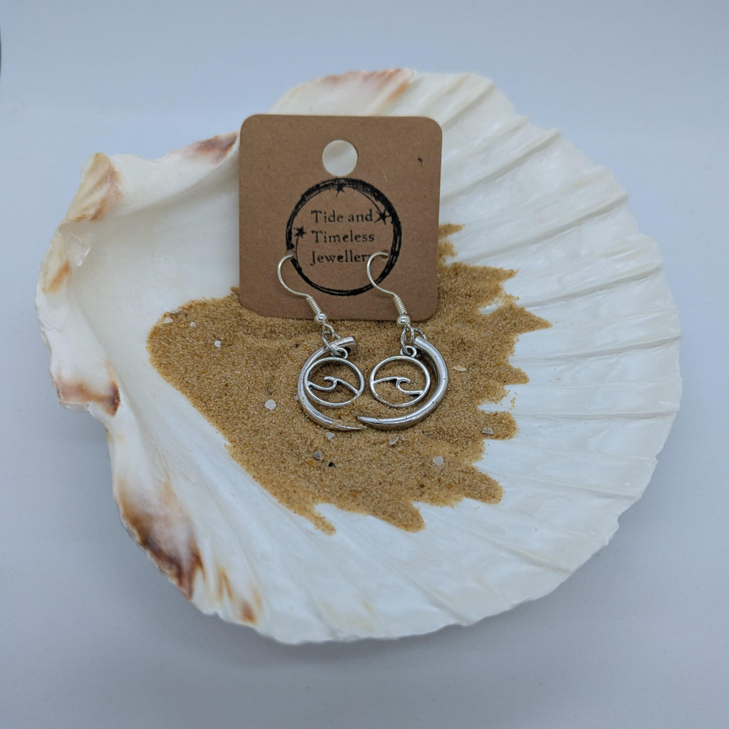 Crescent Fork Tine Earrings With Wave Charm
