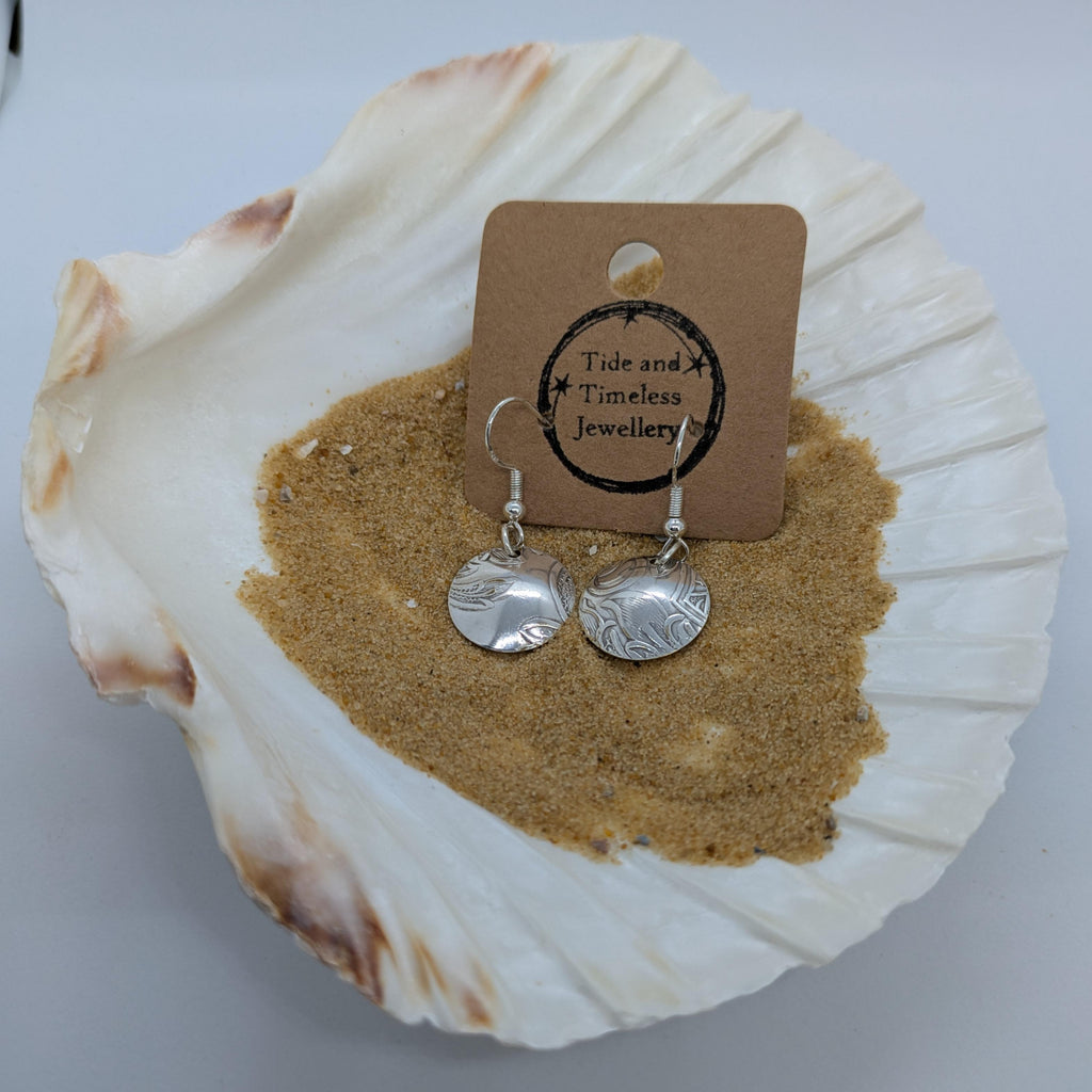 Convex Silver Plated Patterned Tray Earrings