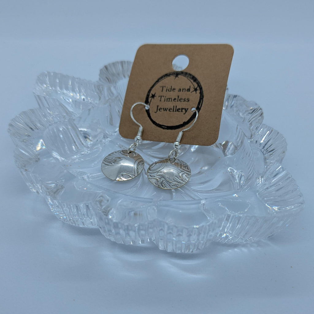 Convex Silver Plated Patterned Tray Earrings
