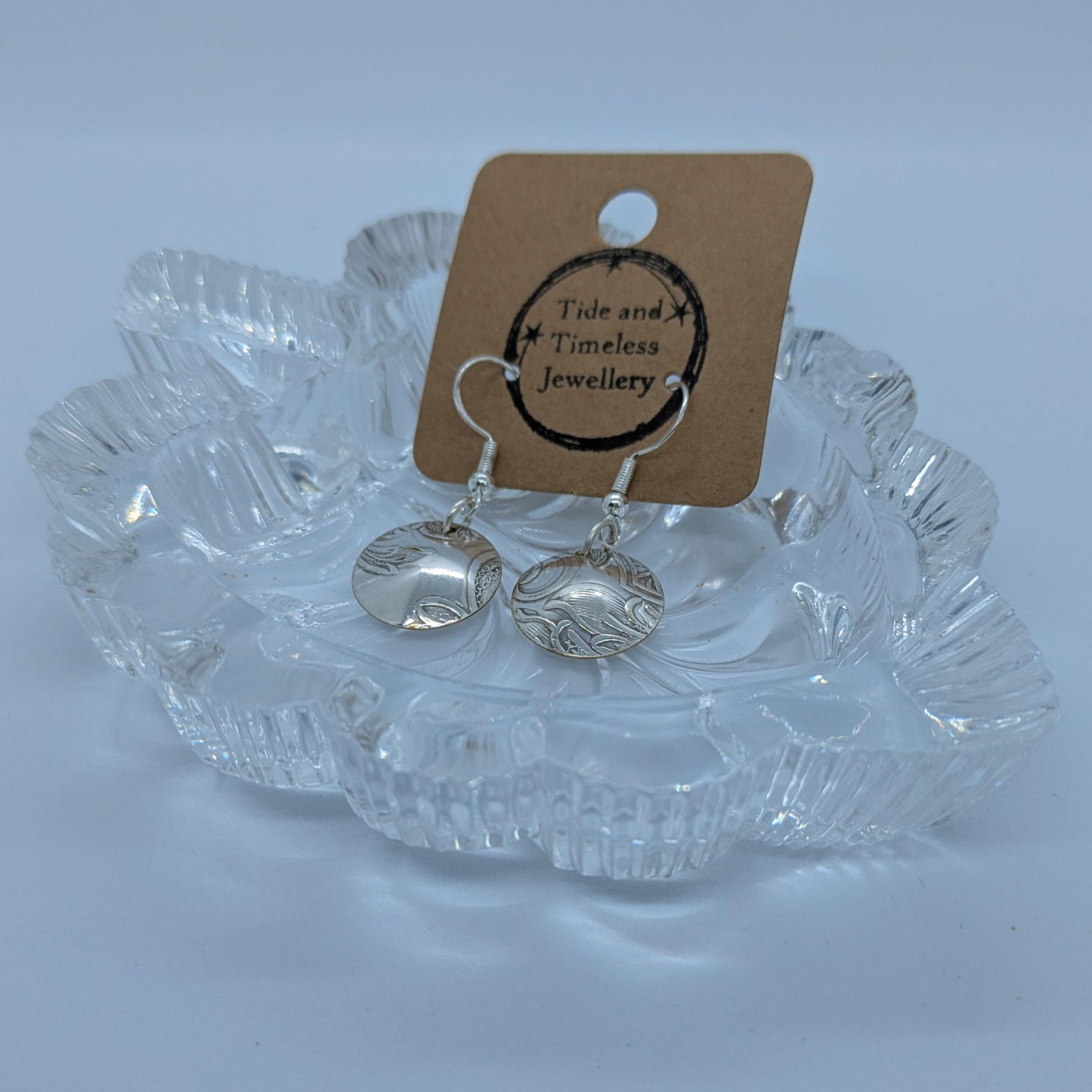 Convex Silver Plated Patterned Tray Earrings