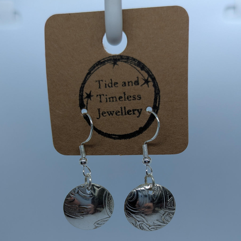 Convex Silver Plated Patterned Tray Earrings